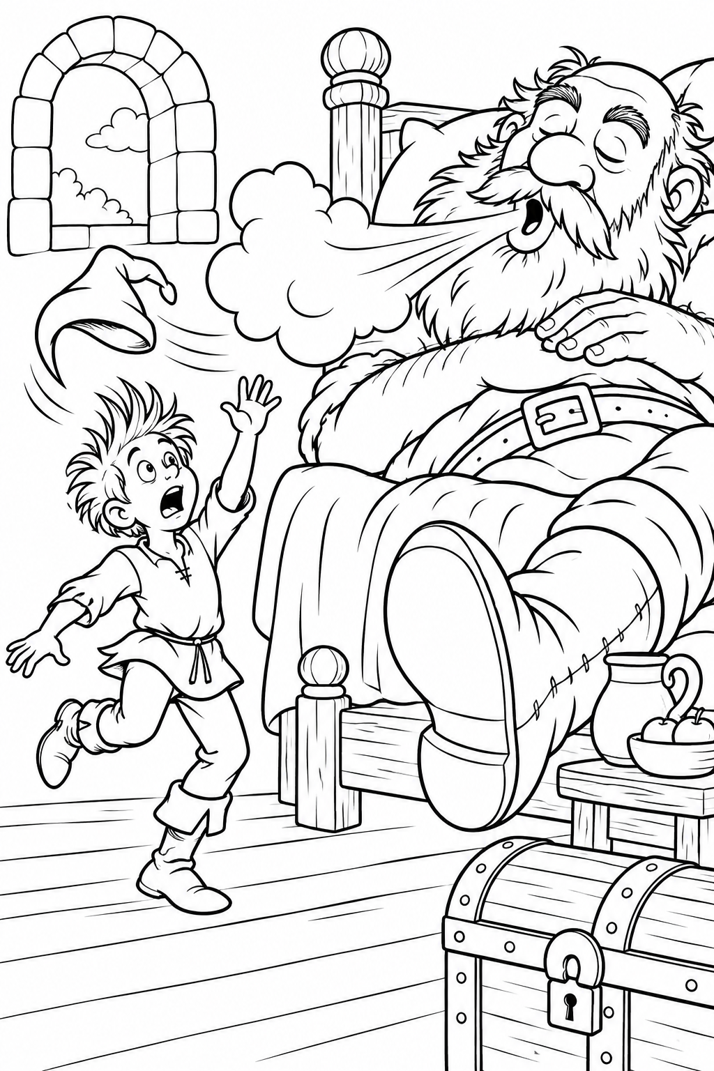 Jack and the Beanstalk・Comedy — The giant's snore blows off a hat coloring page