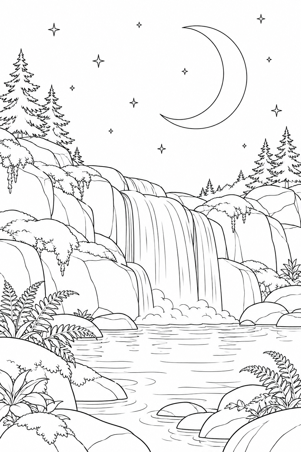 苔むした滝壺と三日月の塗り絵