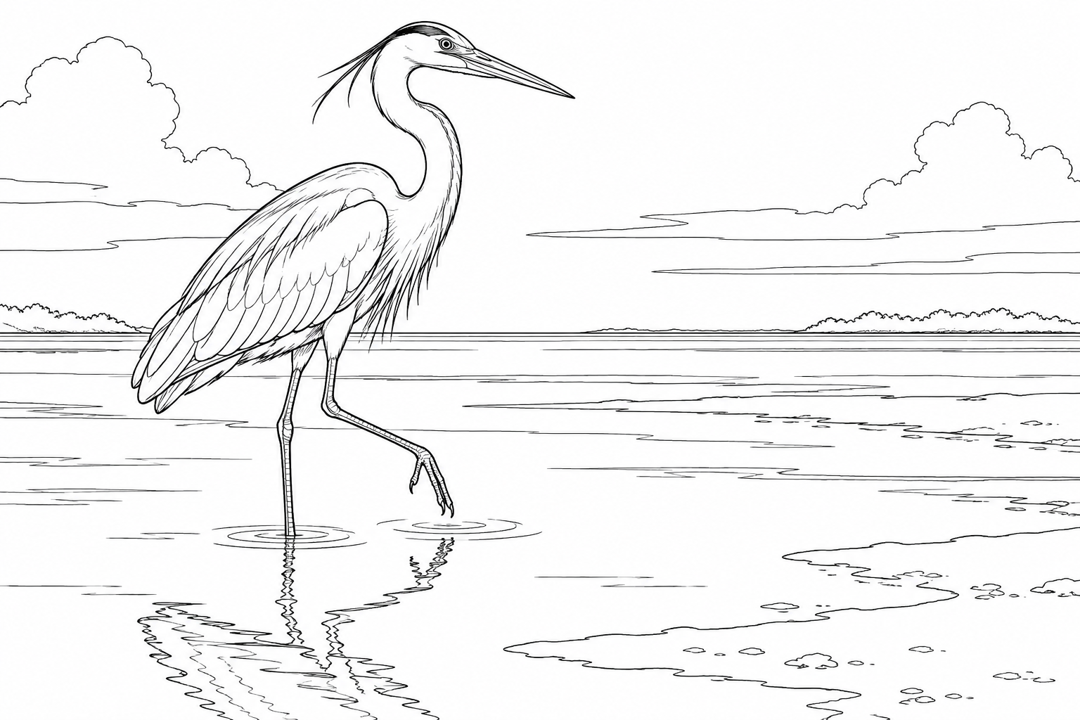 Dibujo de Garza caminando por una marisma para colorear