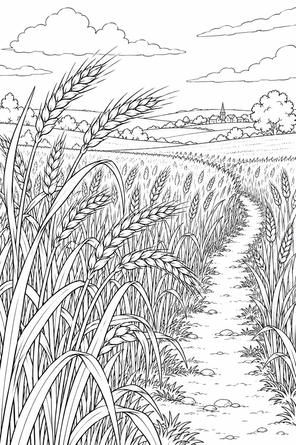 自然のひとこま：麦の穂と曲がる茎の塗り絵