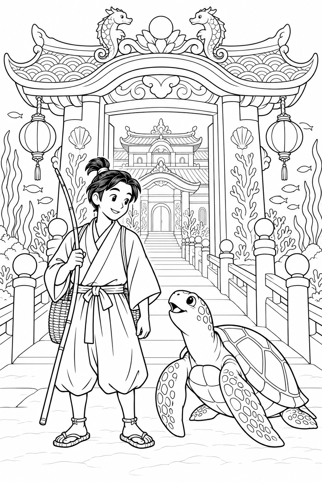 浦島太郎:竜宮城の大きな門(ほっこり)の塗り絵