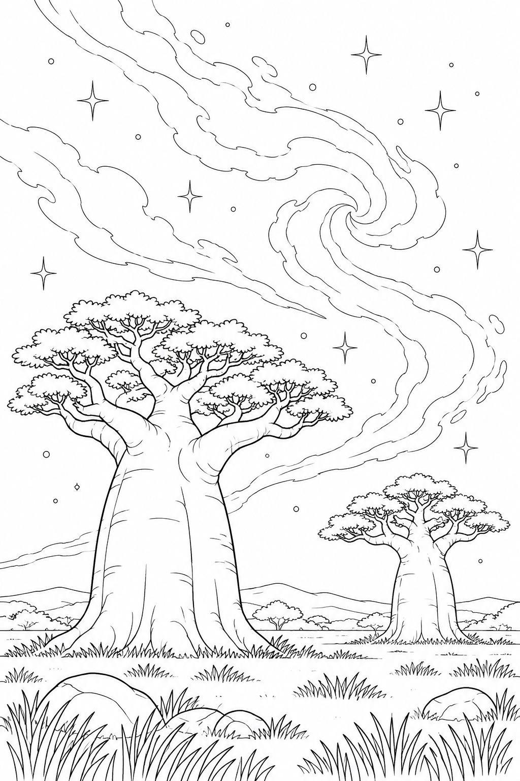 バオバブの平原と星雲のゆらめきの塗り絵