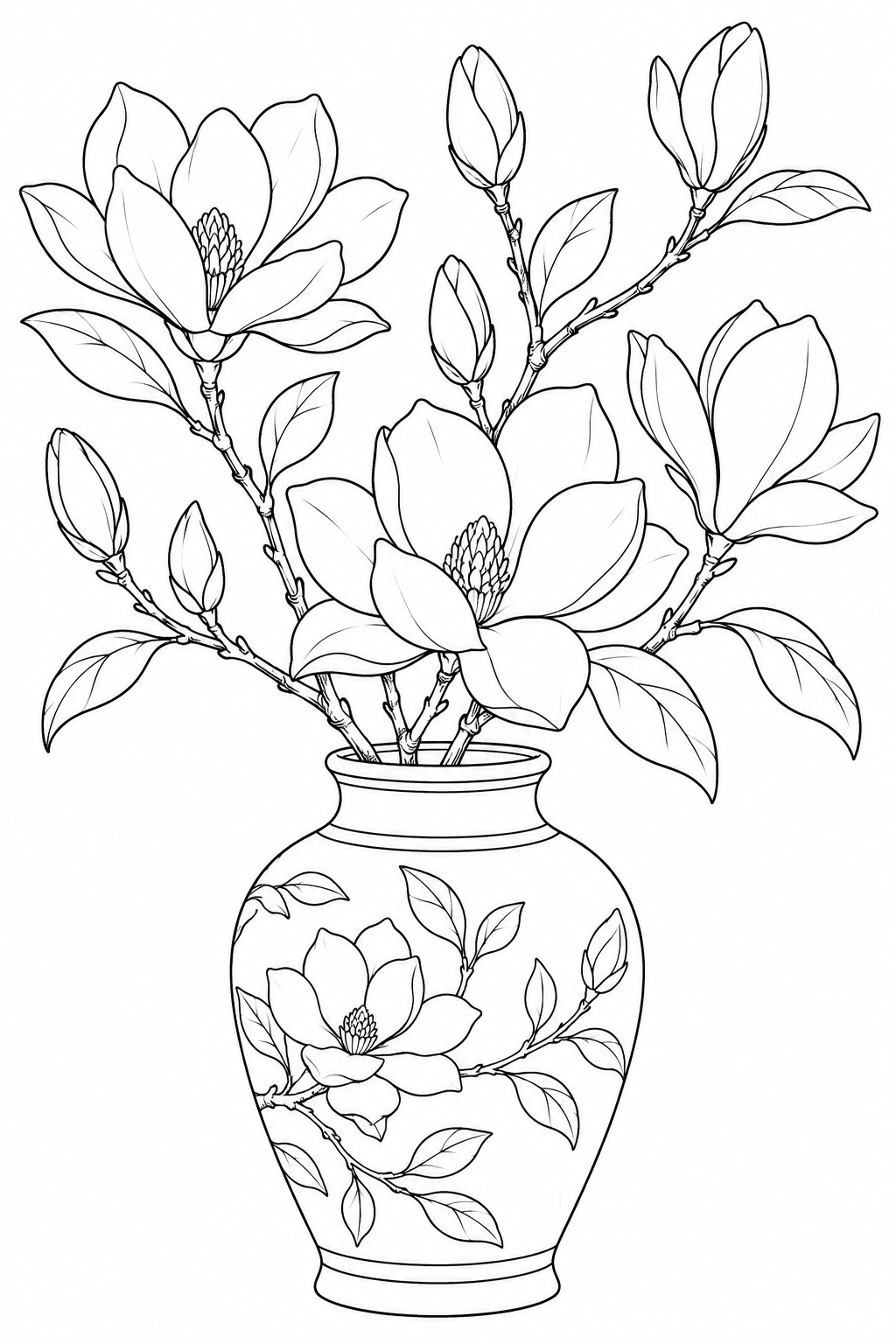 木蓮の枝を飾る陶器の花瓶の塗り絵