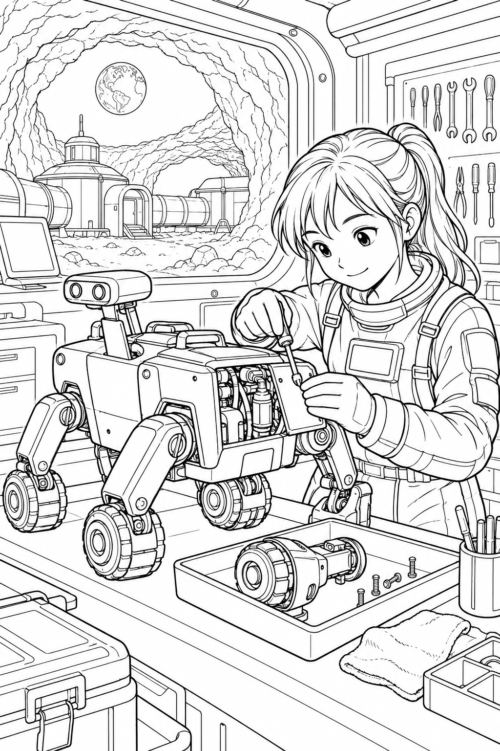 月の溶岩洞基地:ロボットの整備工房の塗り絵