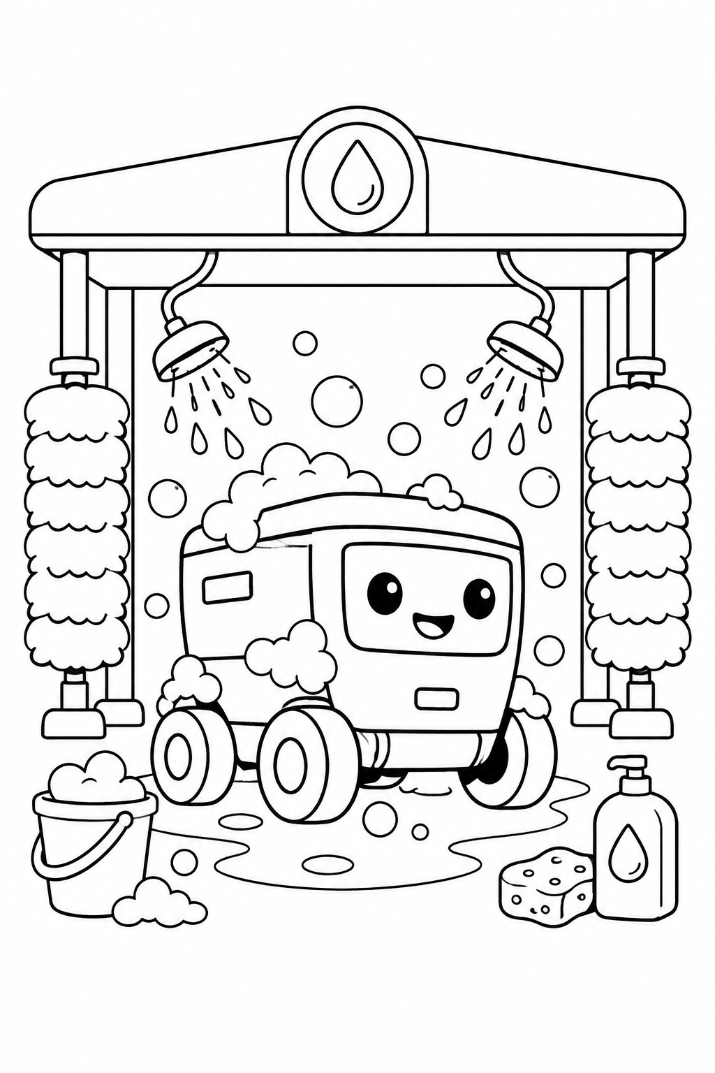 Desenho de O pequeno robô de entregas no lava-rápido para colorir