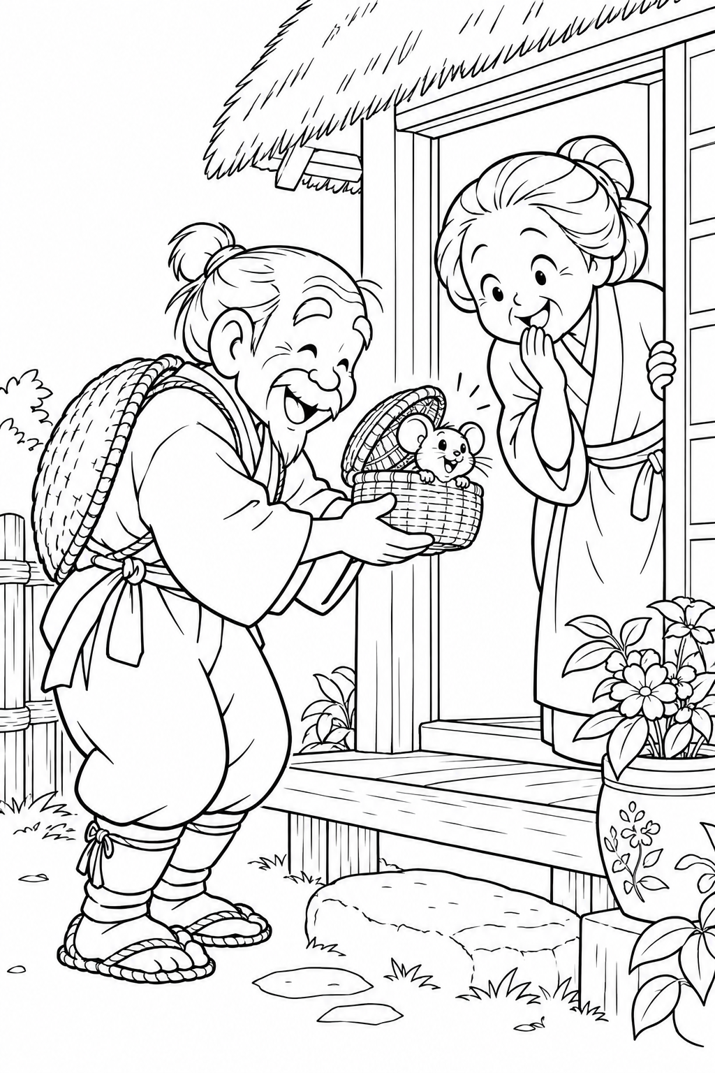 おむすびころりん・ギャグ:おばあさんへのおみやげの塗り絵