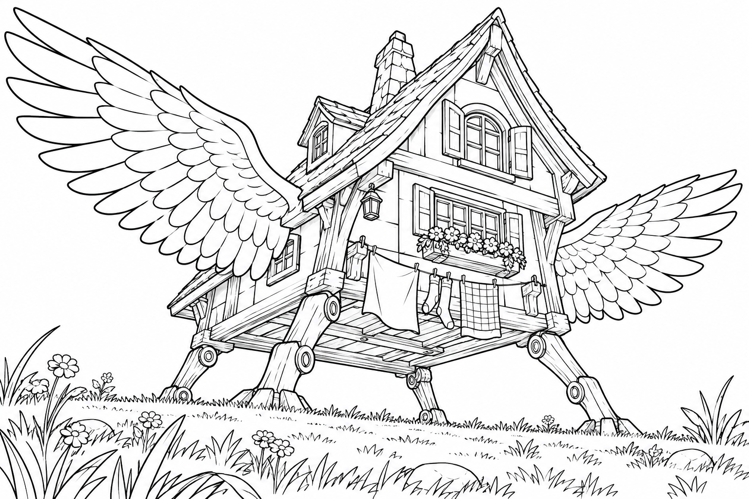 Desenho de Casa alada pousando no prado para colorir