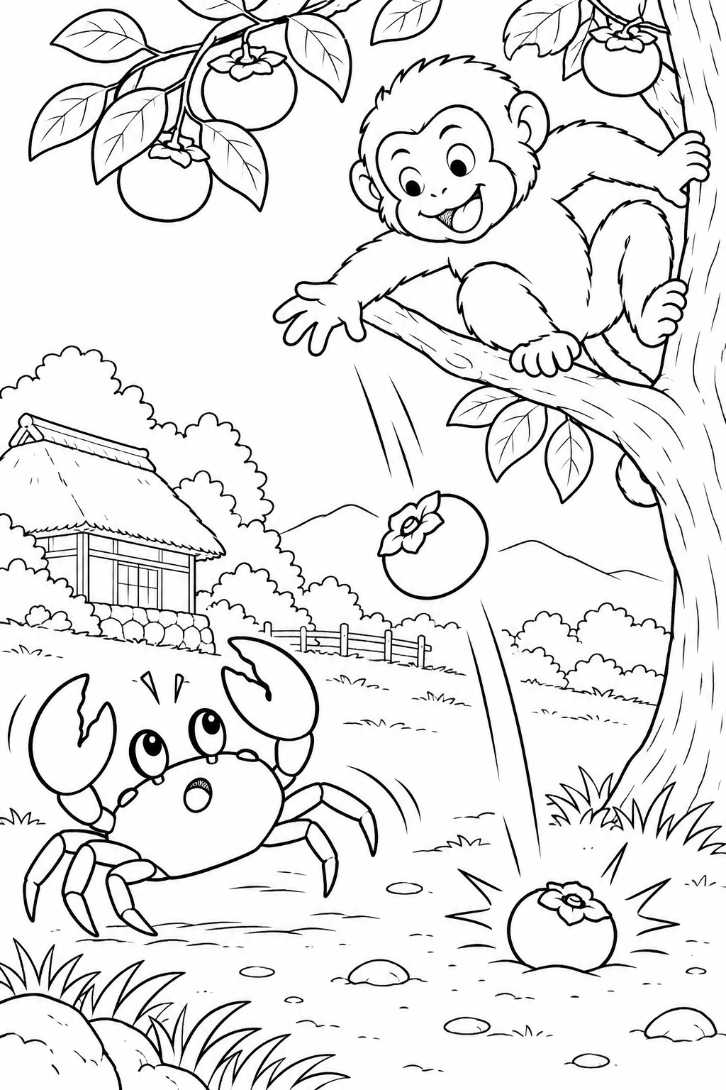 さるかに合戦 ほっこり：落ちてきた青い柿をよけるかにの塗り絵
