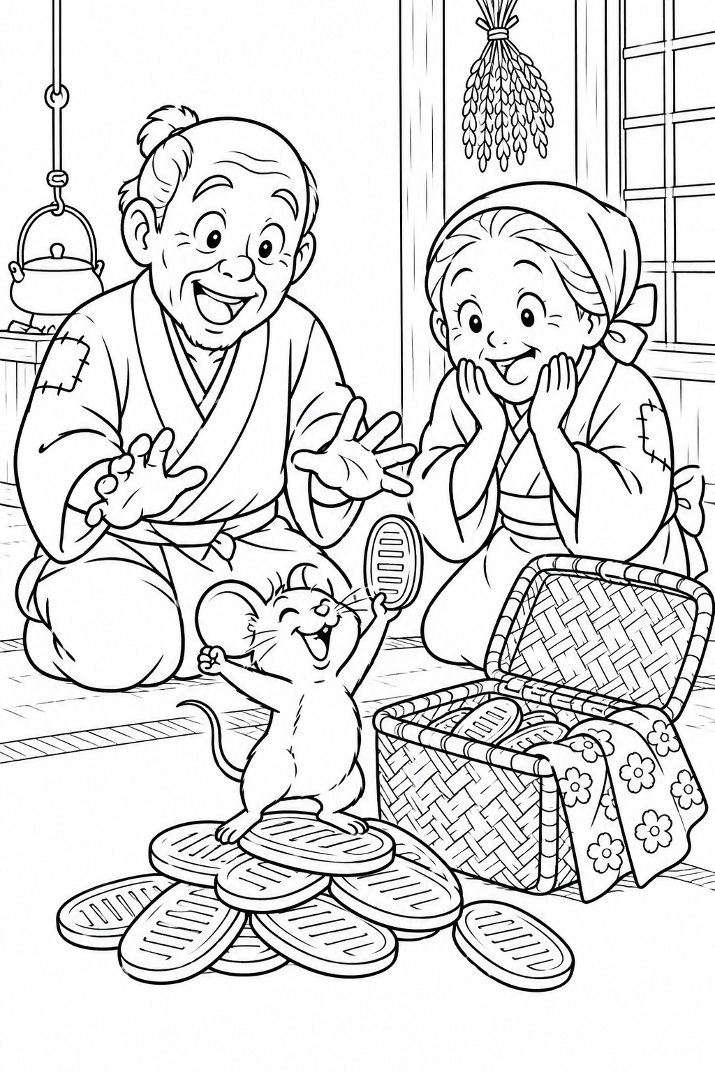 おむすびころりん・ギャグ:つづらの中の宝物の塗り絵