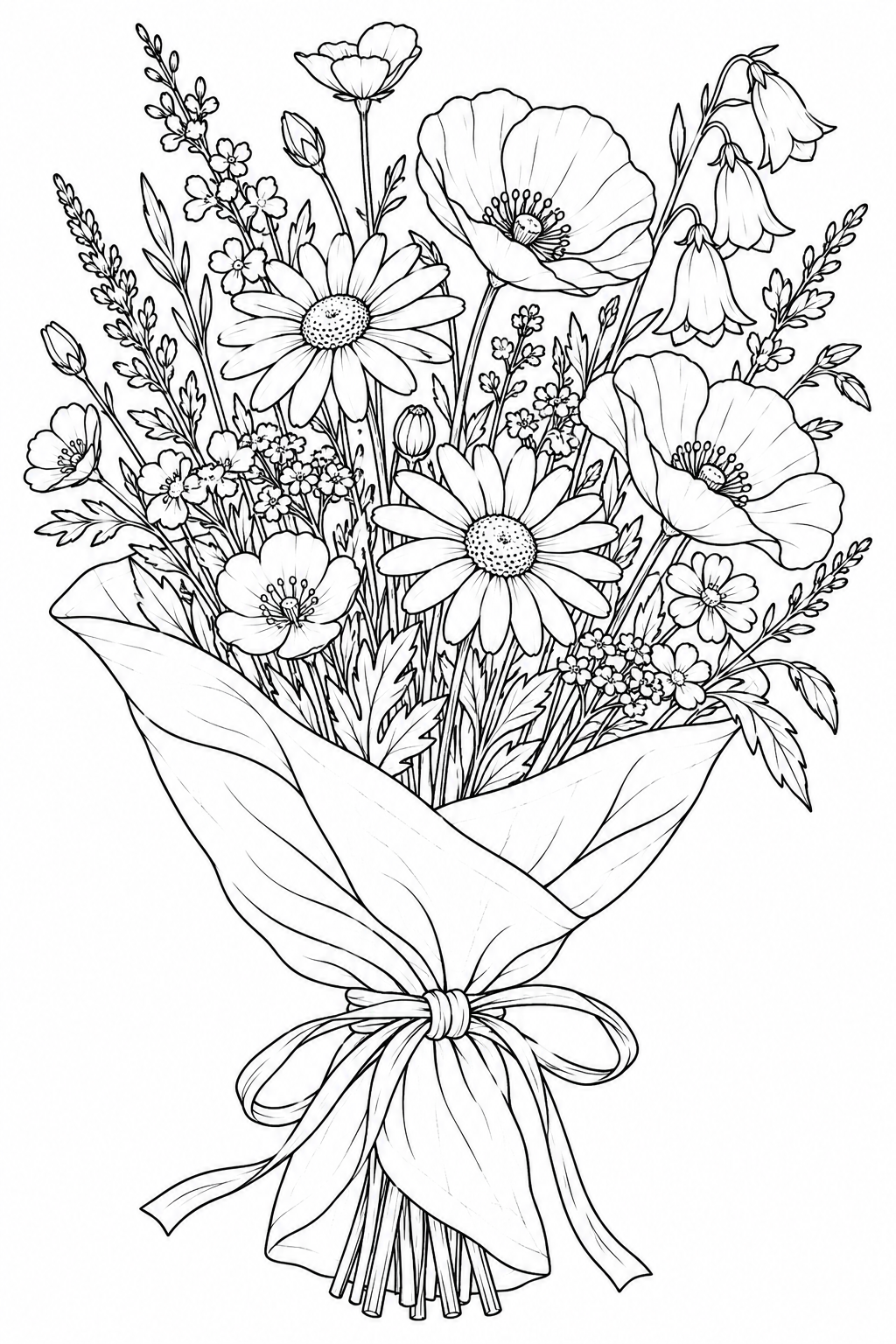 野の花を束ねたリネンの包みの塗り絵