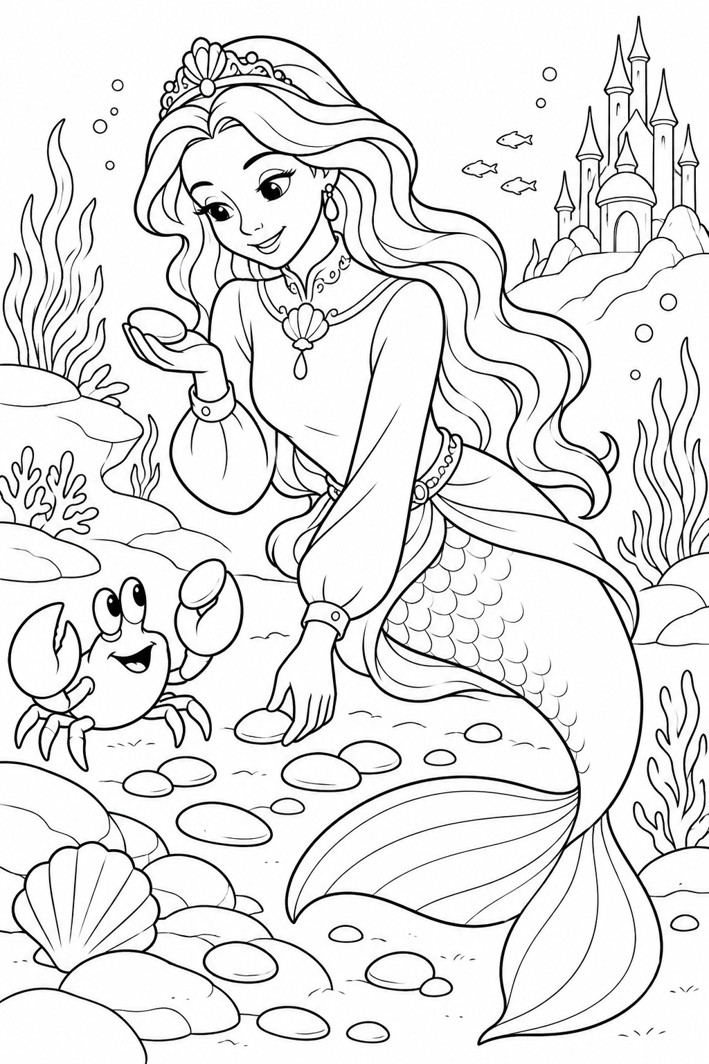 人魚姫：カニと丸い小石集めの塗り絵