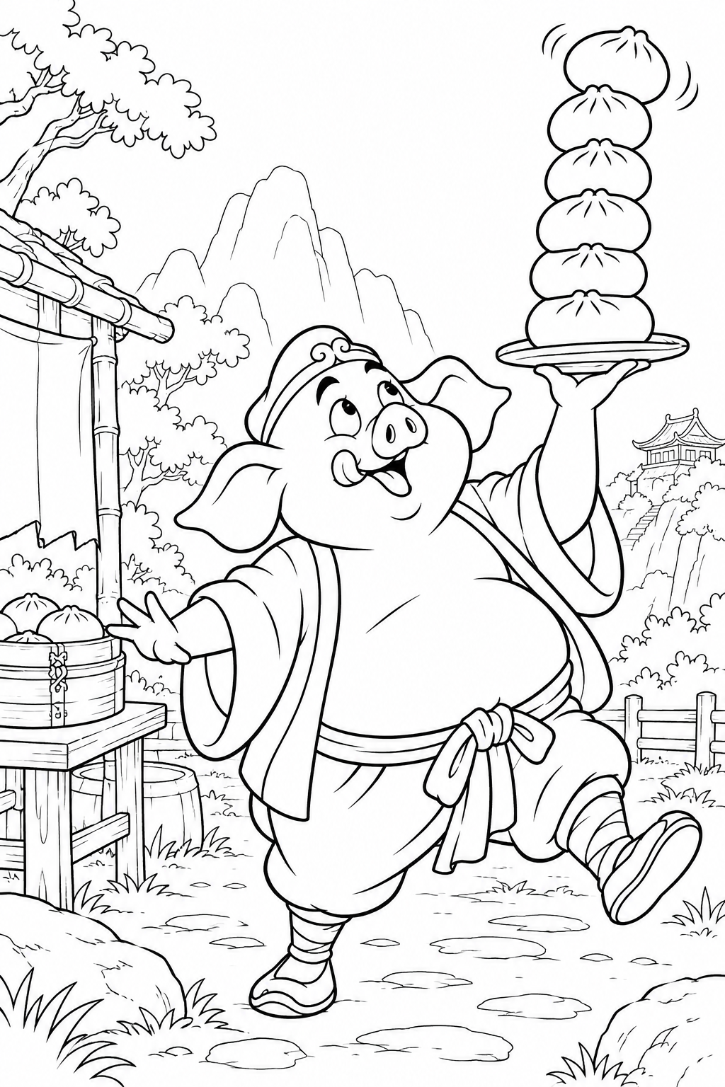 Coloriage La Pérégrination vers l’Ouest comique：Les petits pains vapeur de Bajie