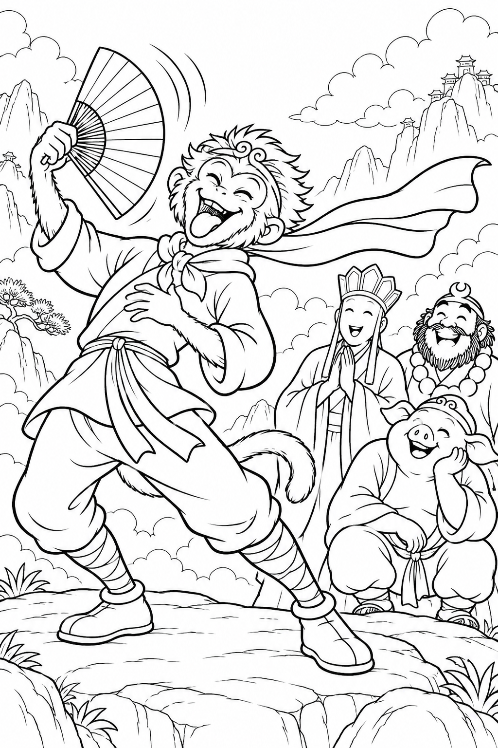 Dibujo de Viaje al Oeste cómico：Wukong y el abanico gigante para colorear