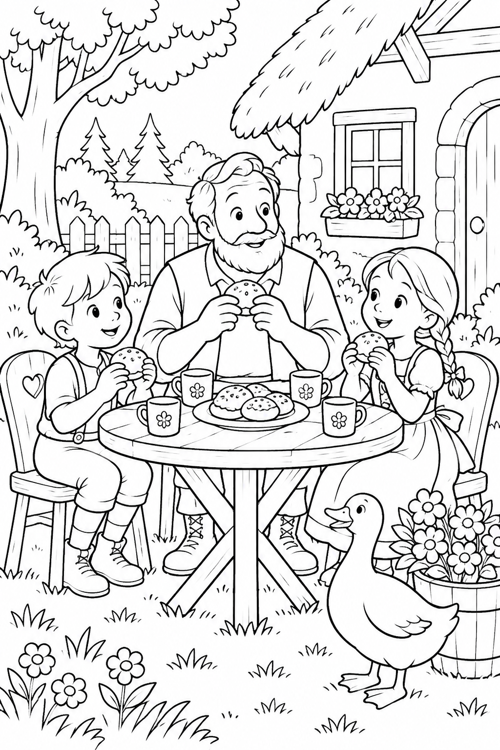 Hansel and Gretel:A family snack in the garden(Cozy) coloring page