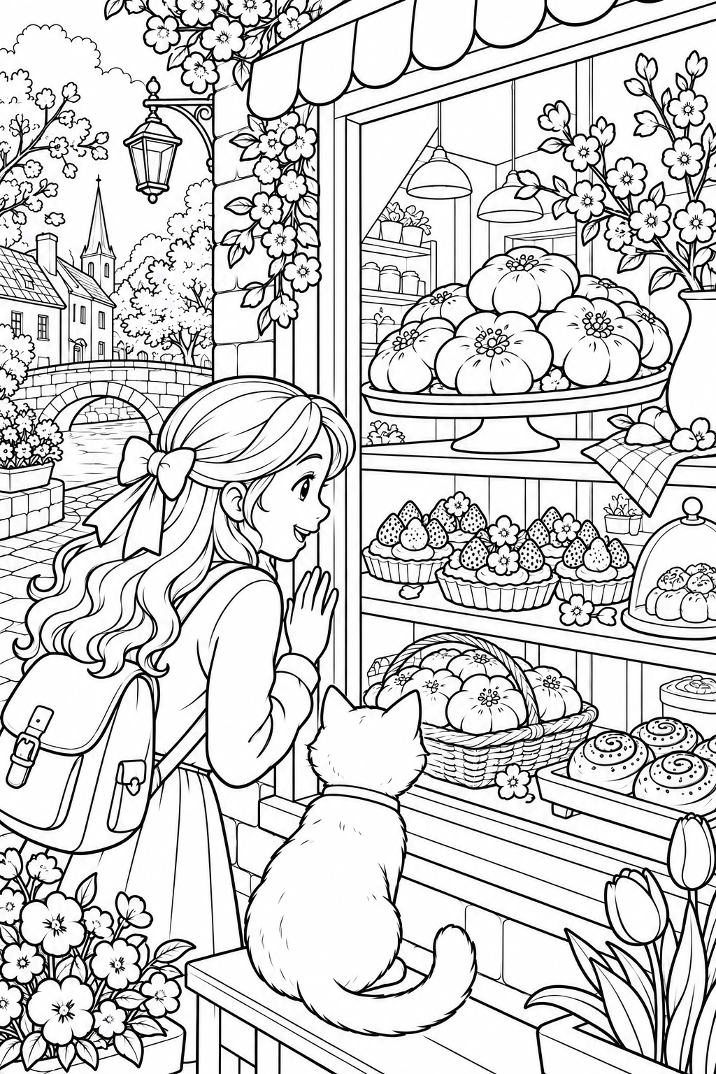 春のパン屋さんの飾り窓の塗り絵