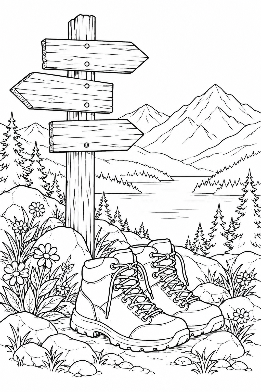 山道の道標と登山靴の塗り絵