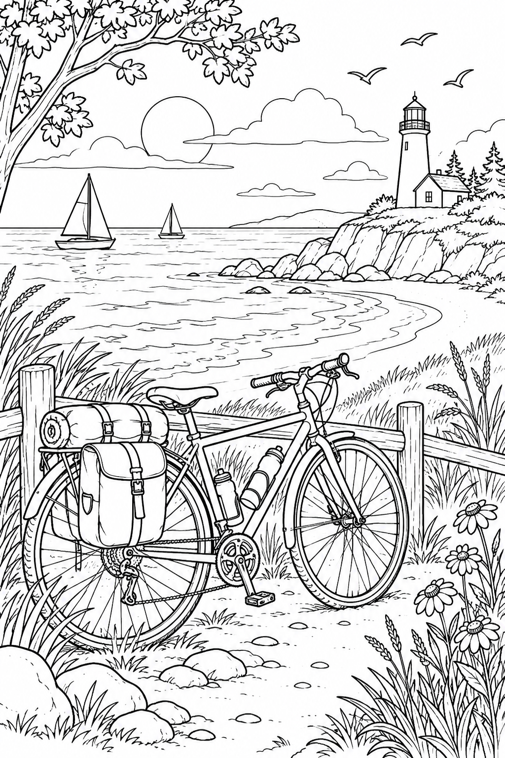 夏の自転車でめぐる小道の塗り絵