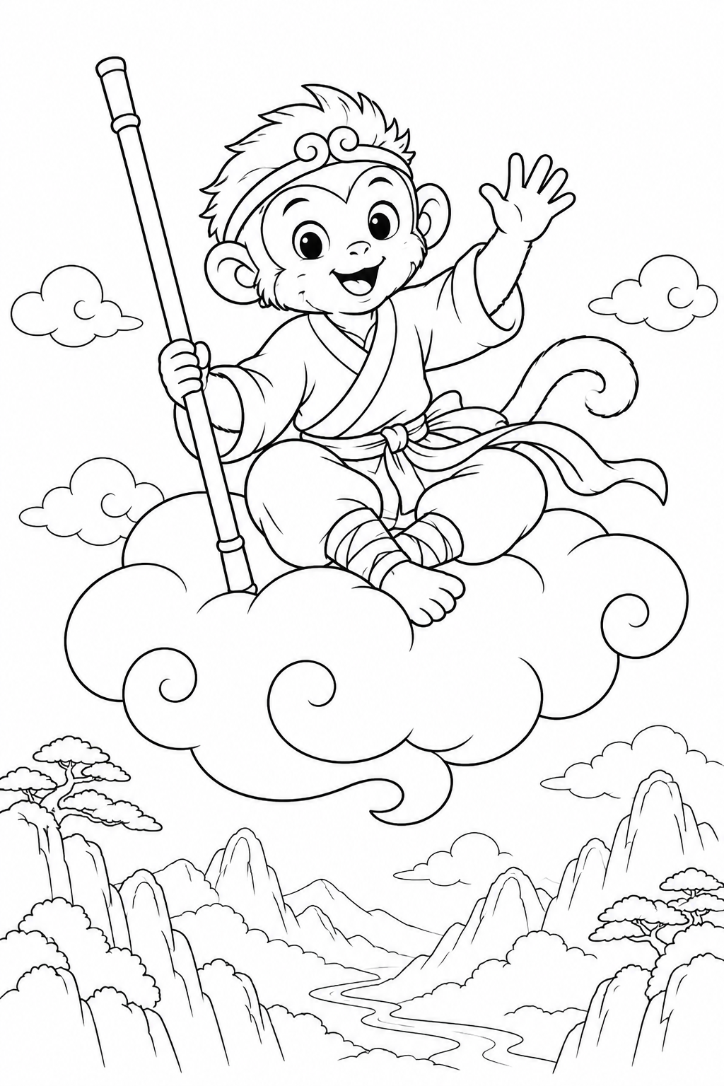 ほっこり西遊記：雲に乗る孫悟空の塗り絵