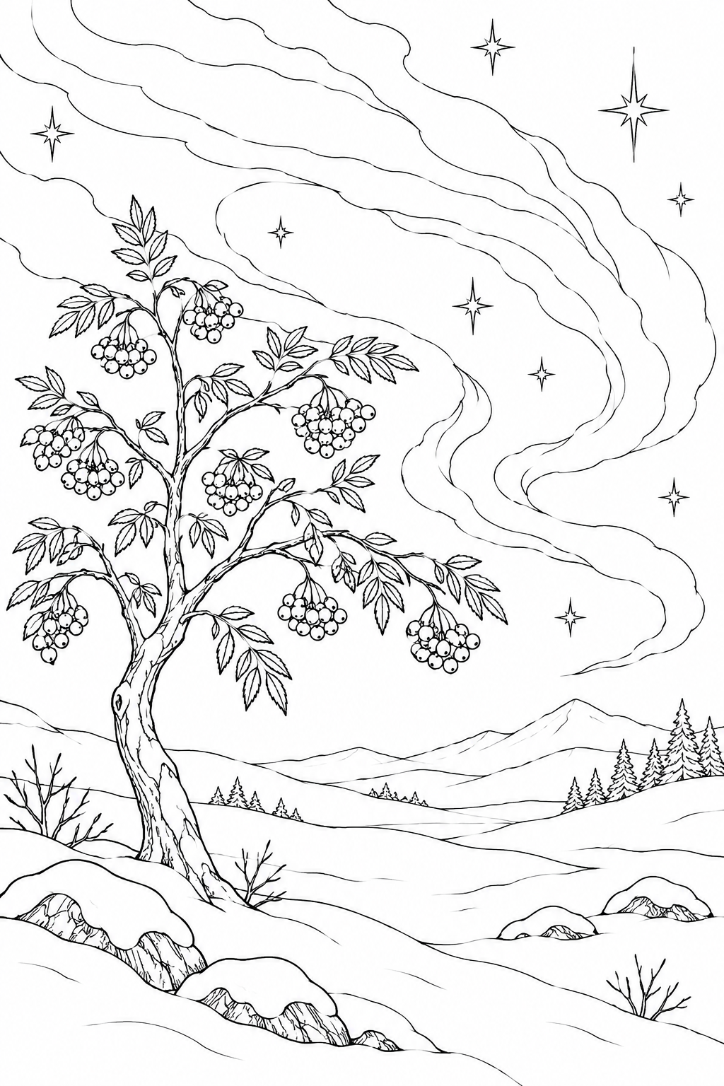 雪原のナナカマドと星雲のゆらめきの塗り絵