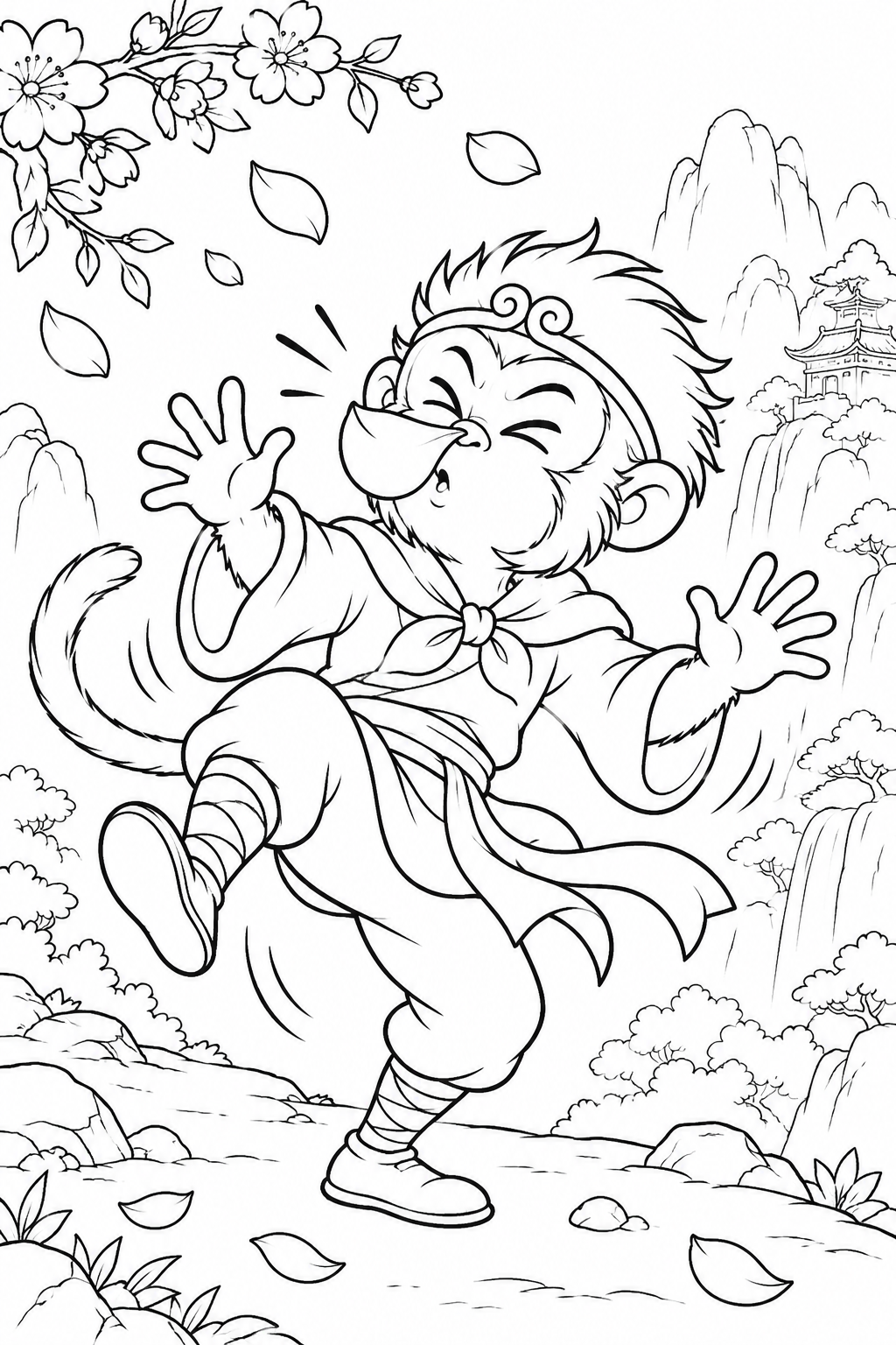どたばた西遊記:悟空と花びらの風の塗り絵