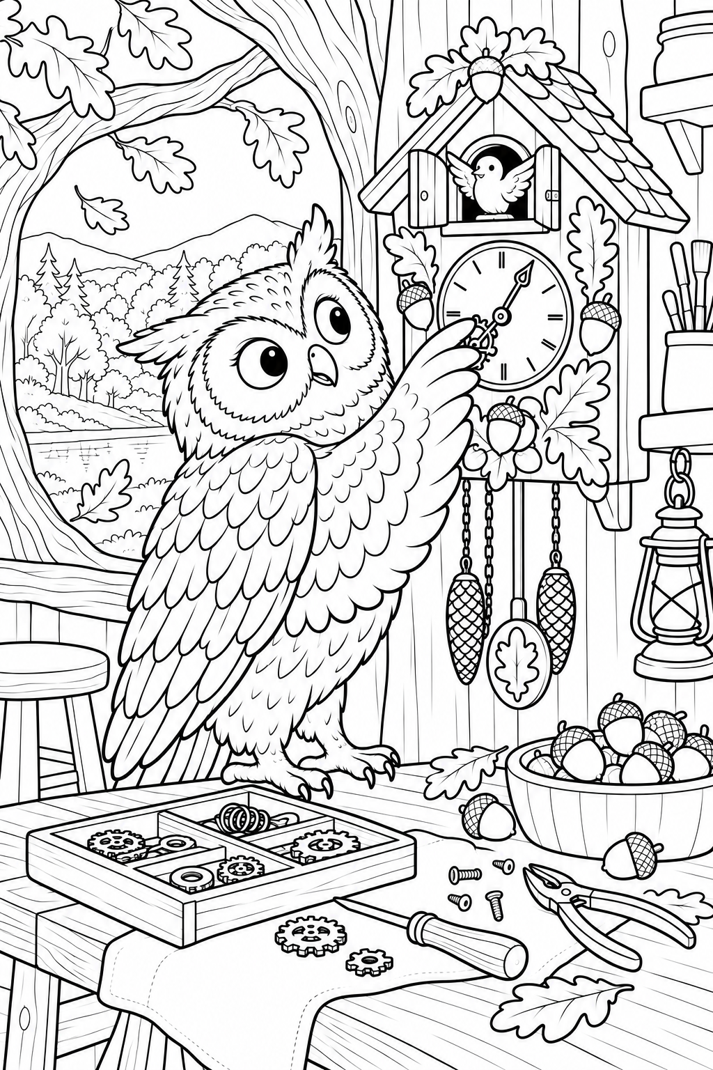 Coloriage Atelier d'horlogerie du hibou — automne