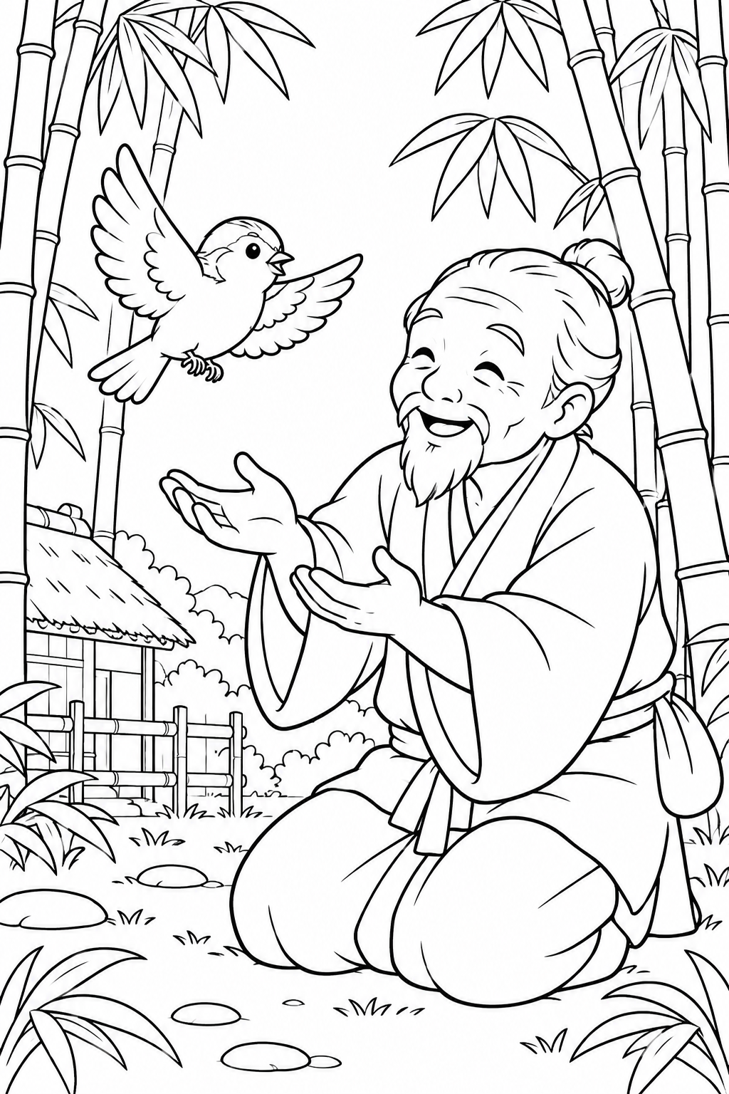 したきりすずめ：竹やぶでうれしい再会の塗り絵