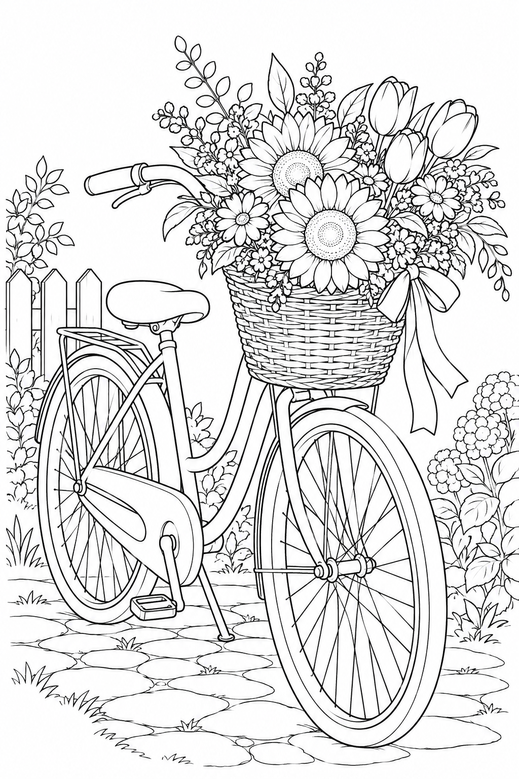 自転車の前かごと花束の塗り絵