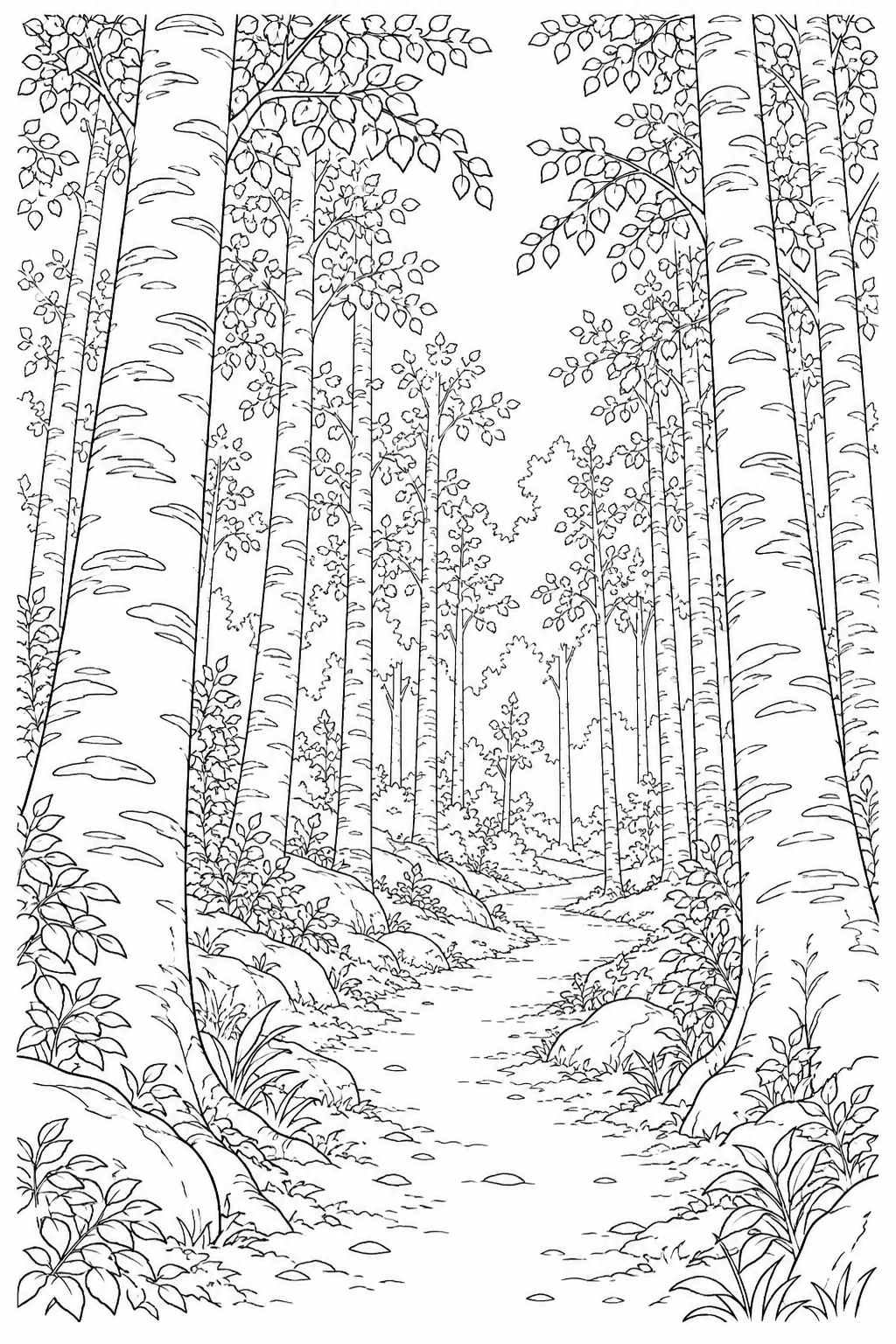 遠くまで続く白樺の小道の塗り絵