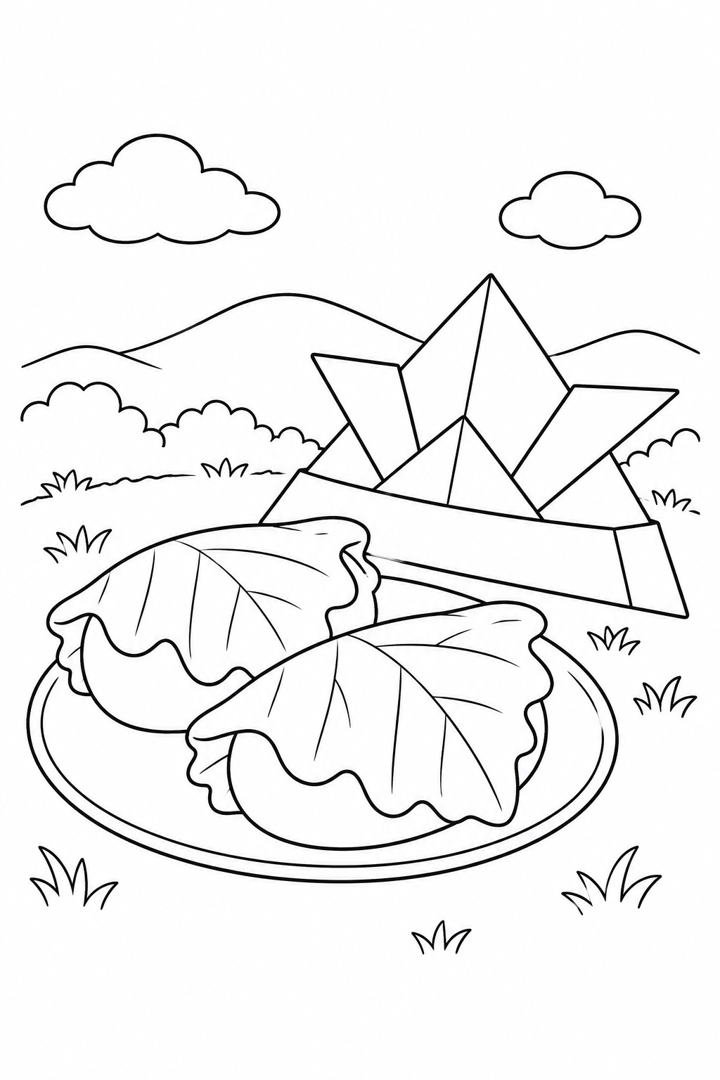 Coloriage Kashiwa mochi (gâteau de riz dans une feuille de chêne) et casque en papier