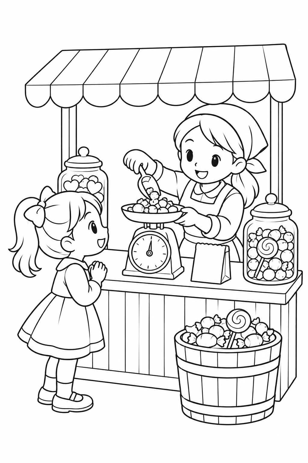 A Little Market Weighing Sweets coloring page