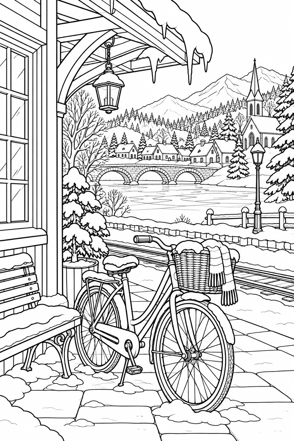 冬の自転車でめぐる小道の塗り絵