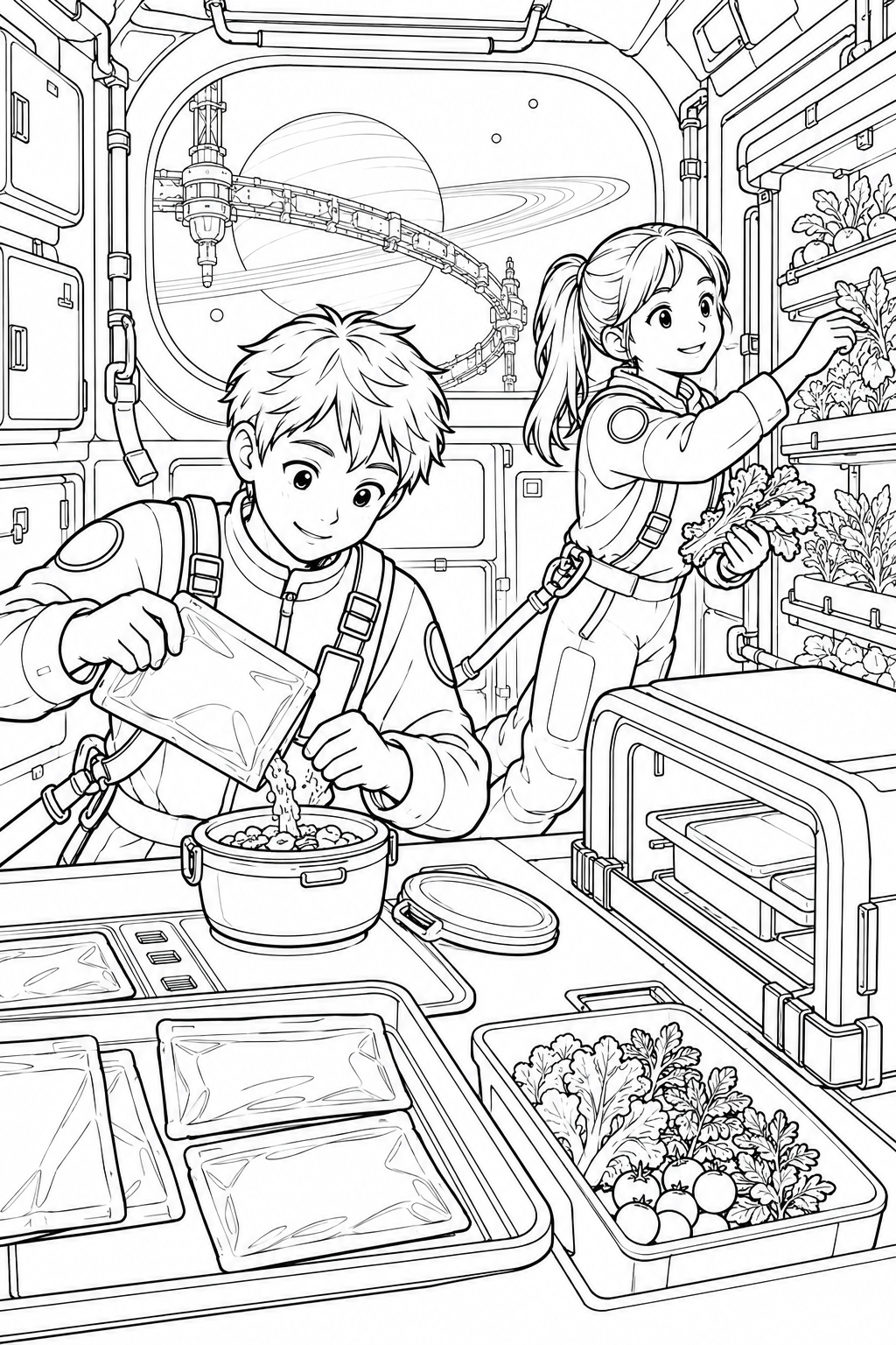 環のある惑星の軌道基地:宇宙食を作るキッチンの塗り絵