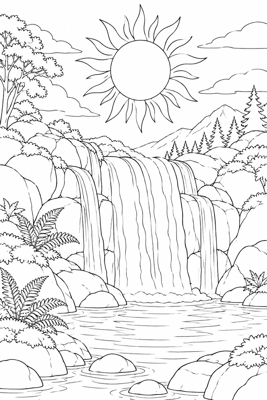 苔むした滝壺と日食の光の輪の塗り絵