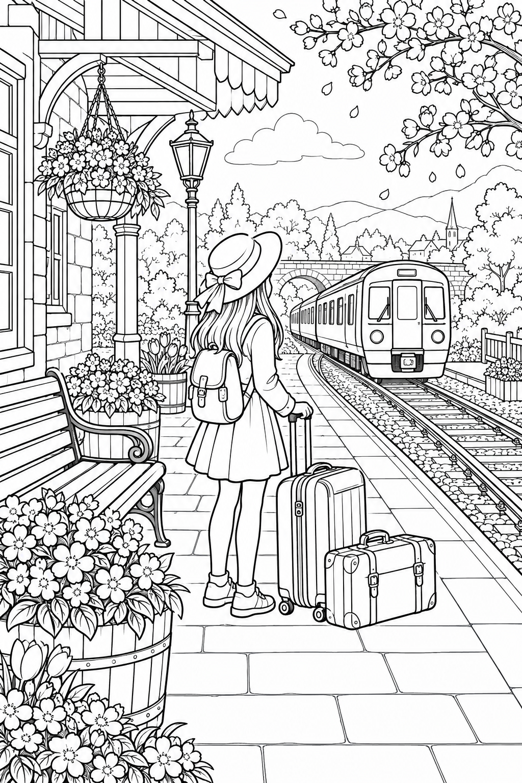 春の小さな駅の旅じたくの塗り絵