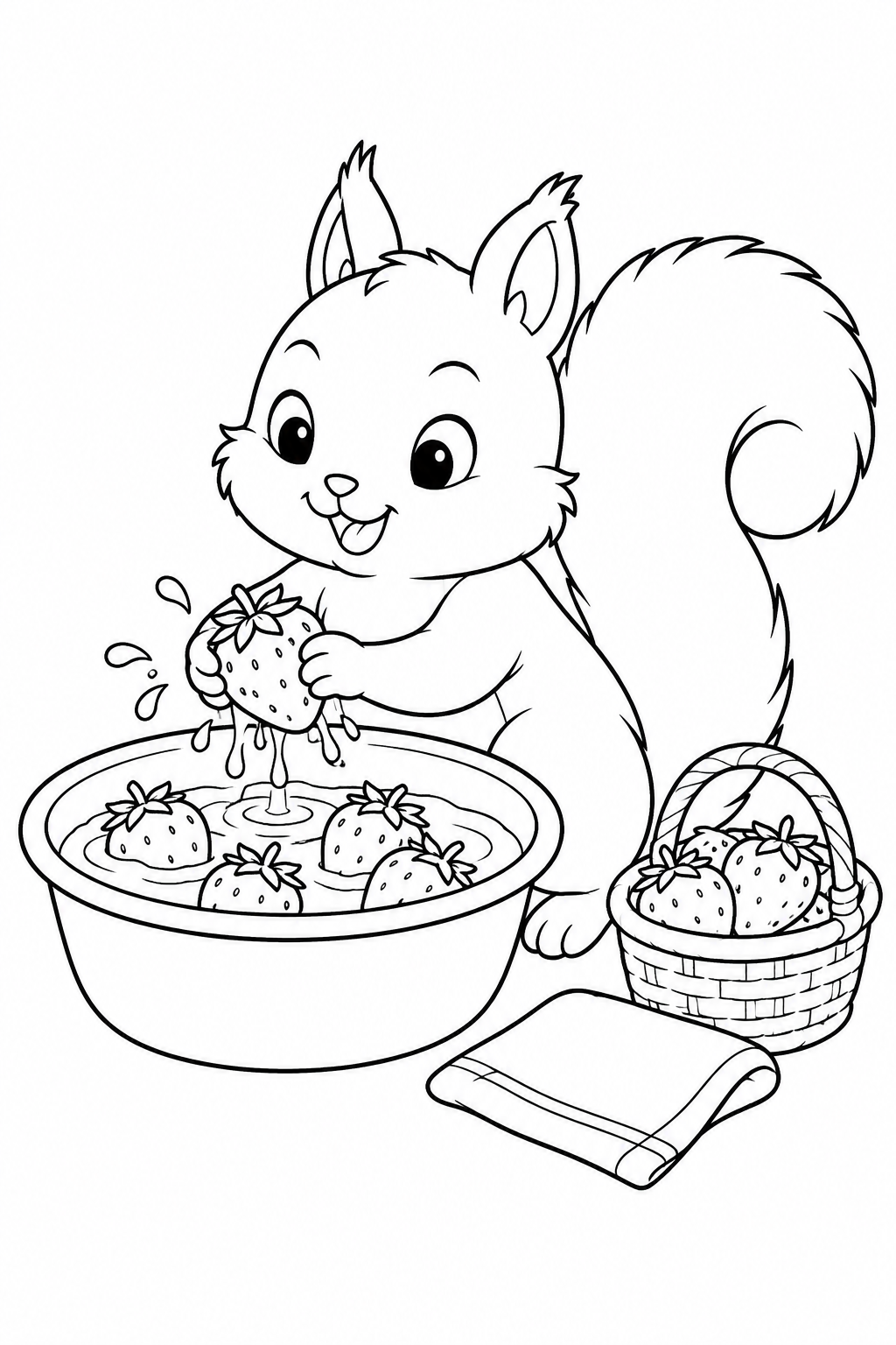いちごを洗うこりすの塗り絵