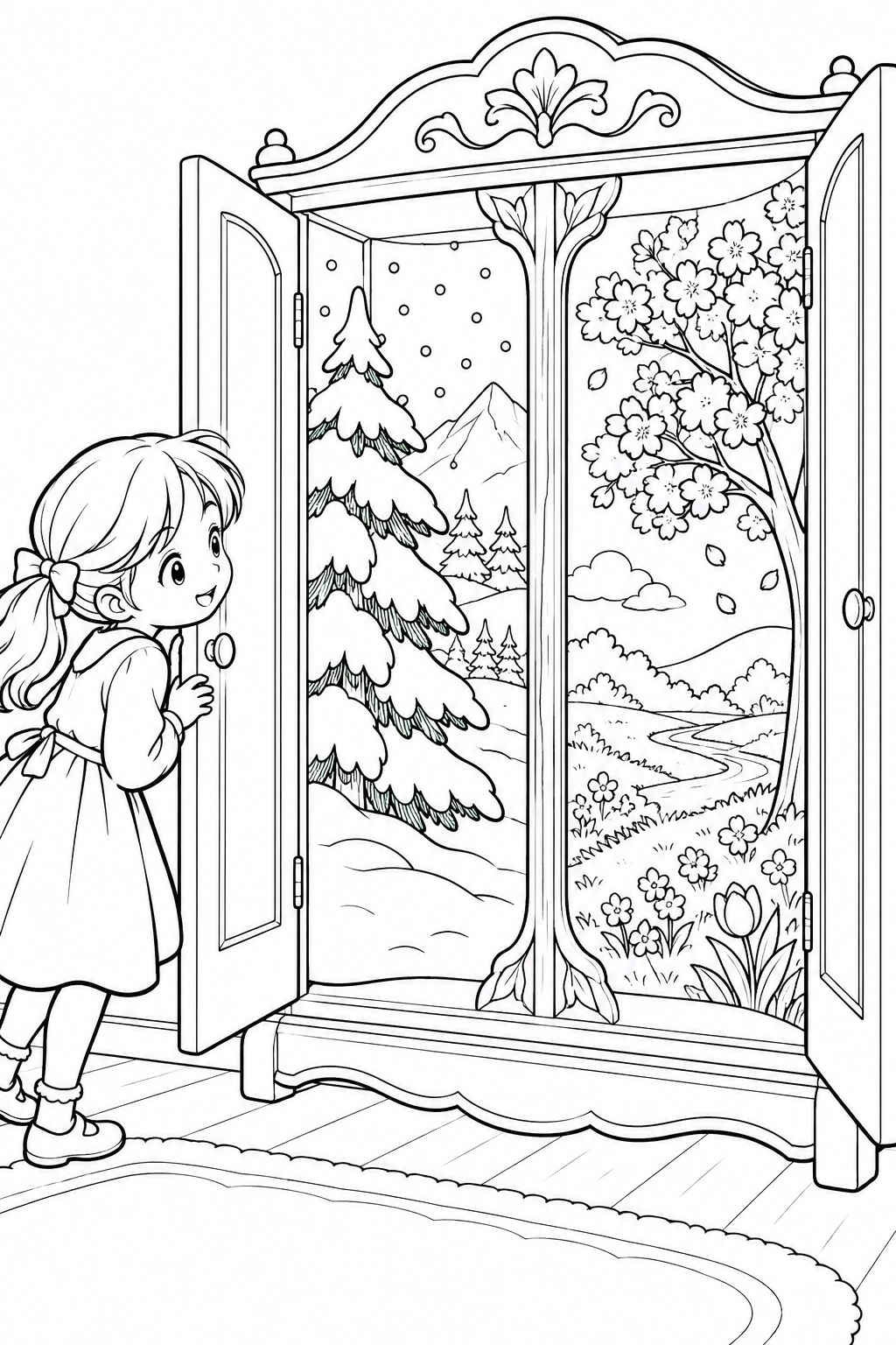 季節が変わるふしぎな戸棚の塗り絵