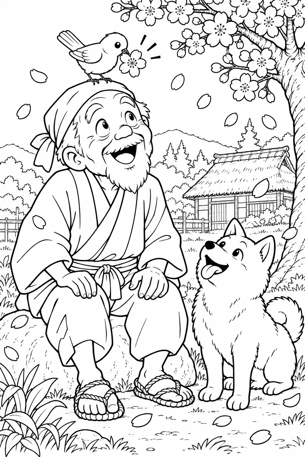 はなさかおじさん:頭の上の小鳥から花のプレゼント(ギャグ)の塗り絵