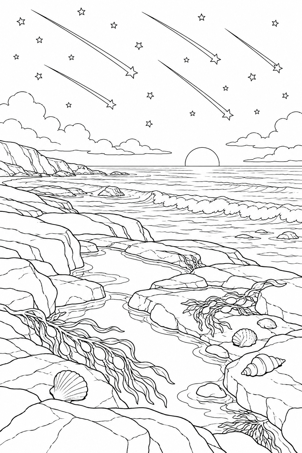 潮だまりの岩礁と流星群の塗り絵