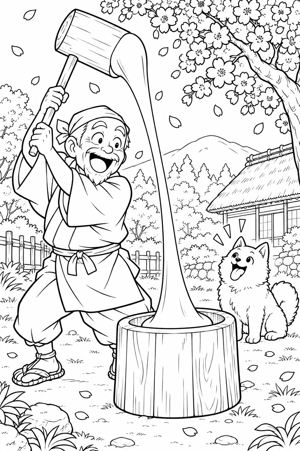 はなさかおじさん：びよーんとのびるおもち（ギャグ）の塗り絵