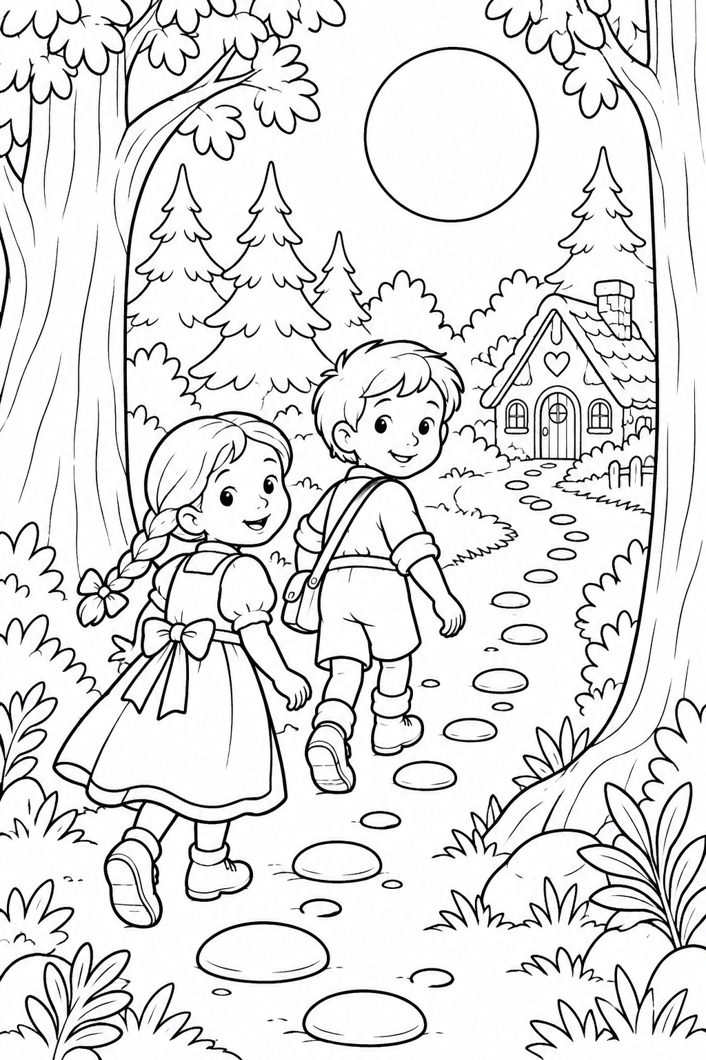 Hansel and Gretel:The moonlit path home(Cozy) coloring page