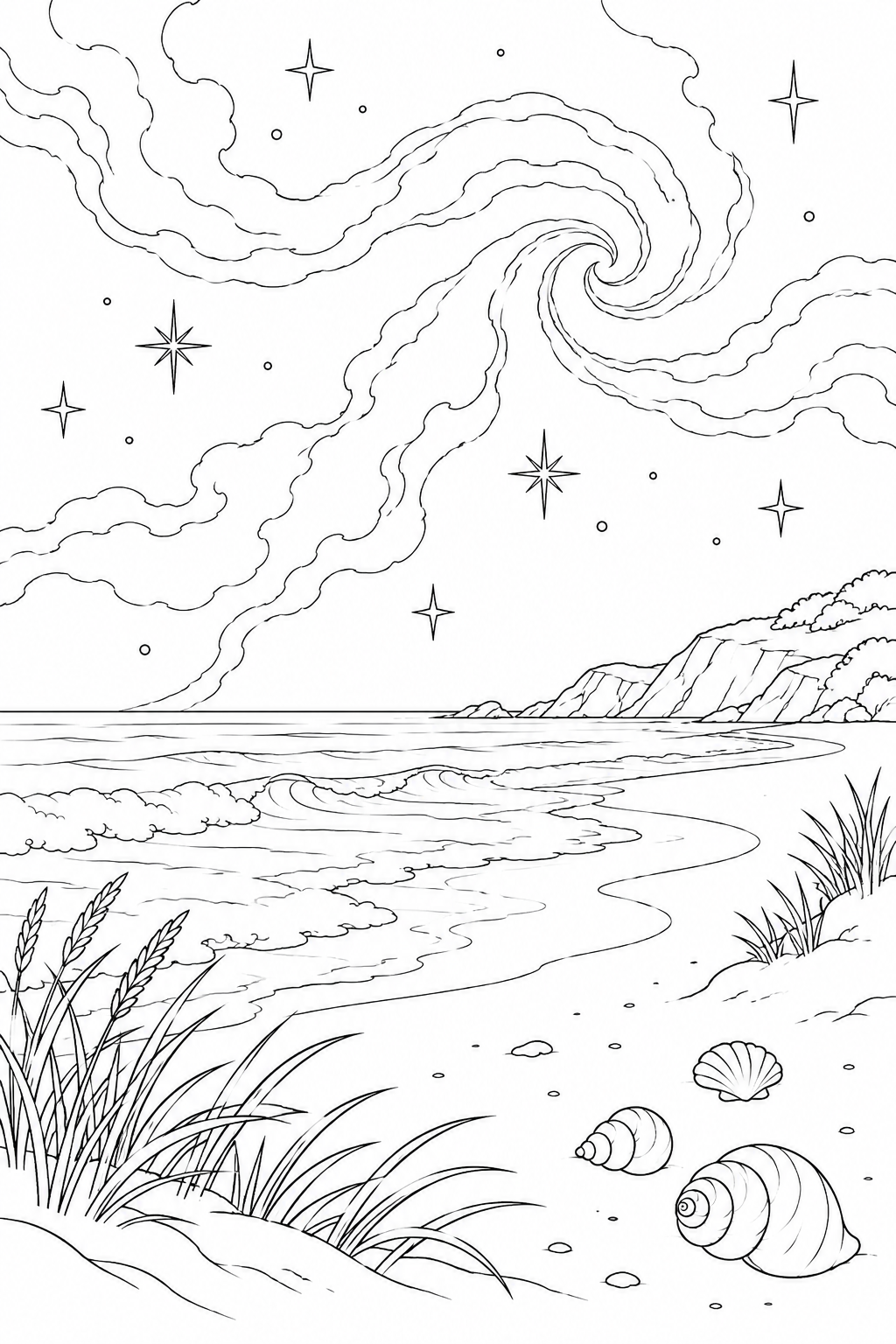 貝殻のある砂浜と星雲のゆらめきの塗り絵