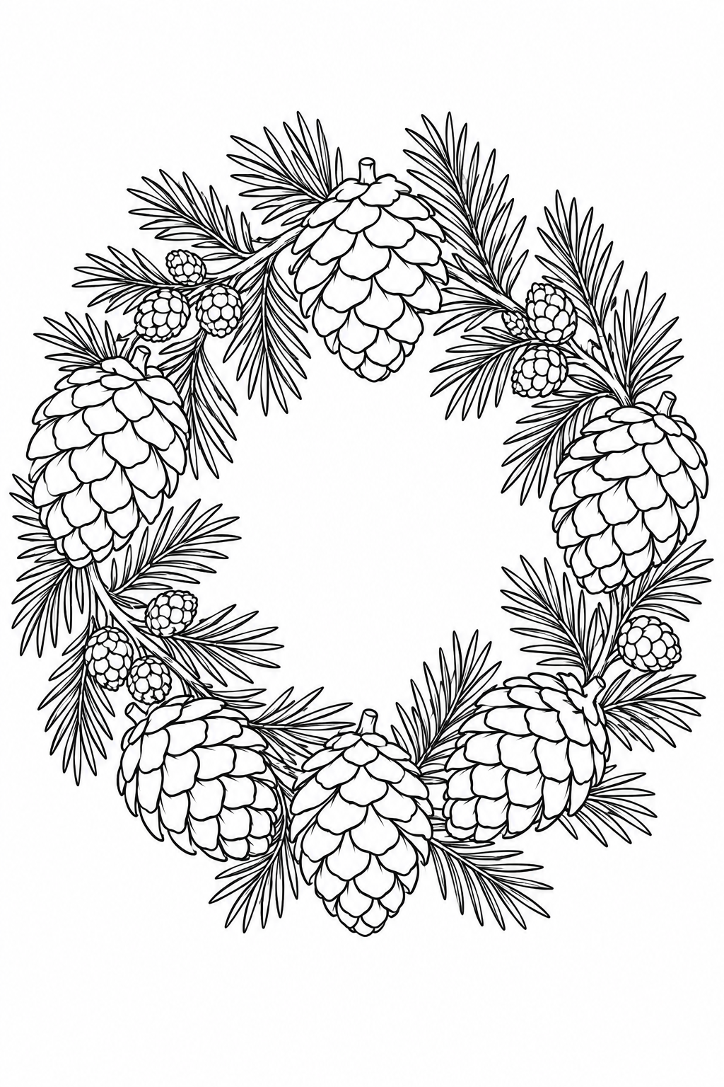 松ぼっくりと針葉樹の枝の輪の塗り絵