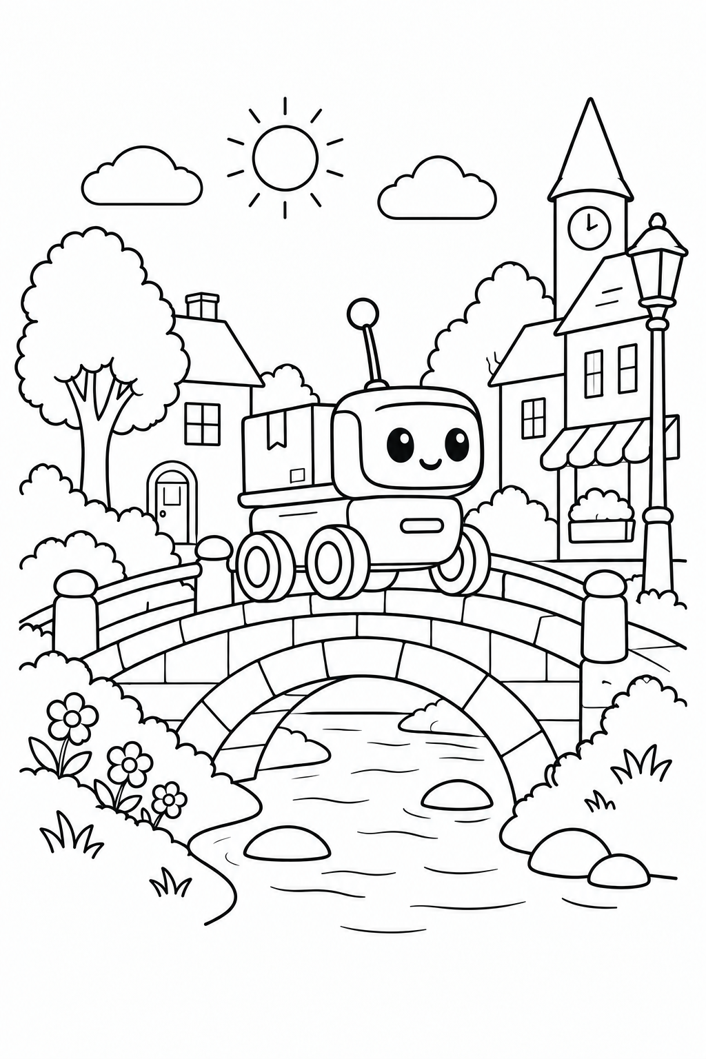 小型配送ロボットと町の橋の塗り絵