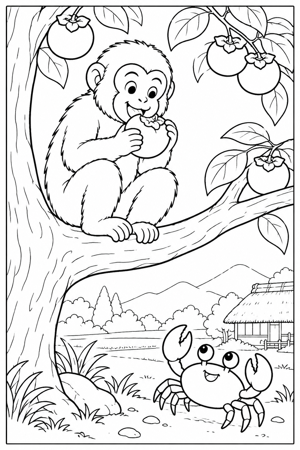 さるかに合戦 ほっこり：枝の上で柿を食べるさるの塗り絵