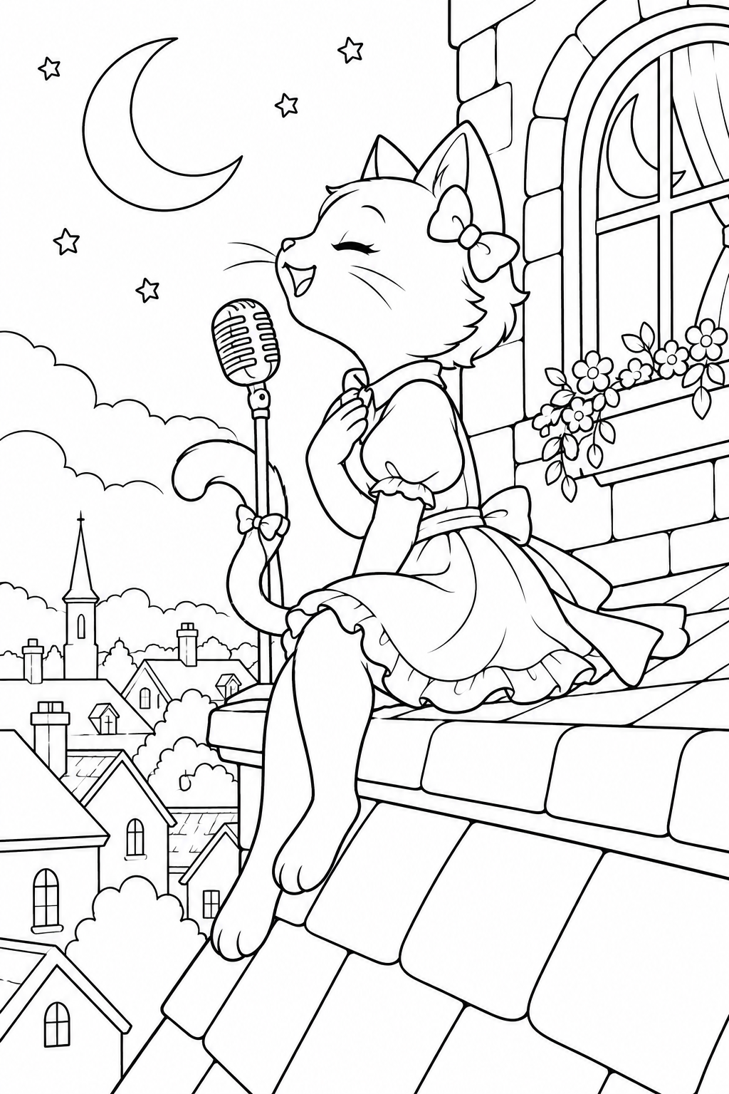 屋根の上のねこシンガーの塗り絵