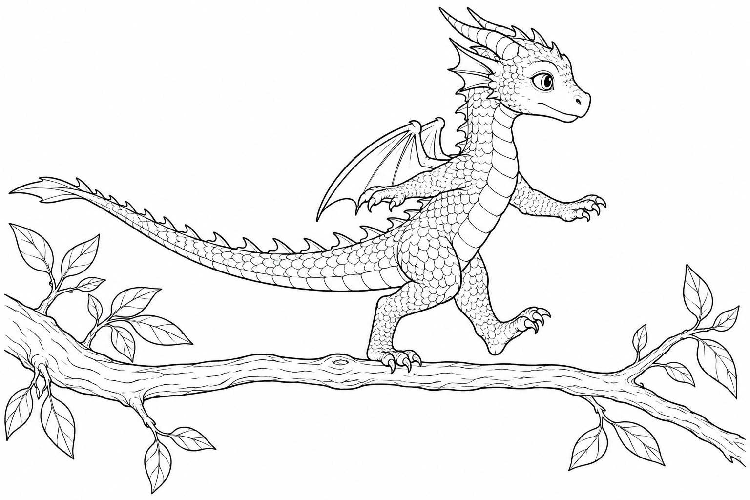Dibujo de Dragón equilibrándose en una rama fina para colorear