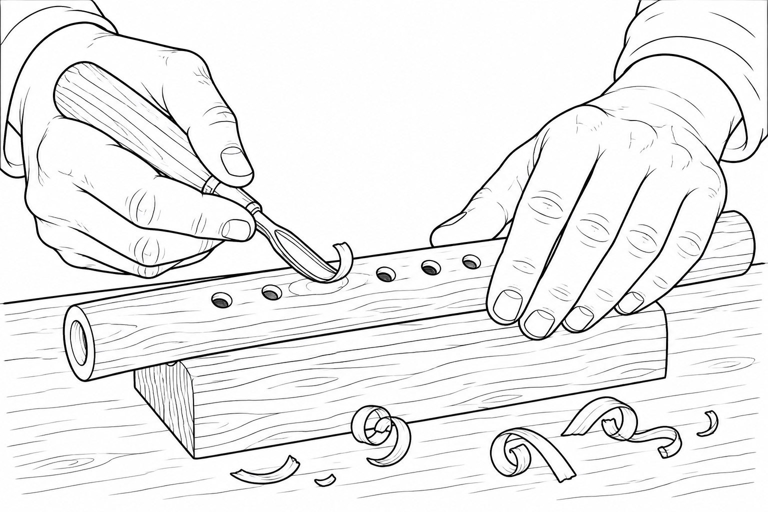 笛を削る職人の手の塗り絵