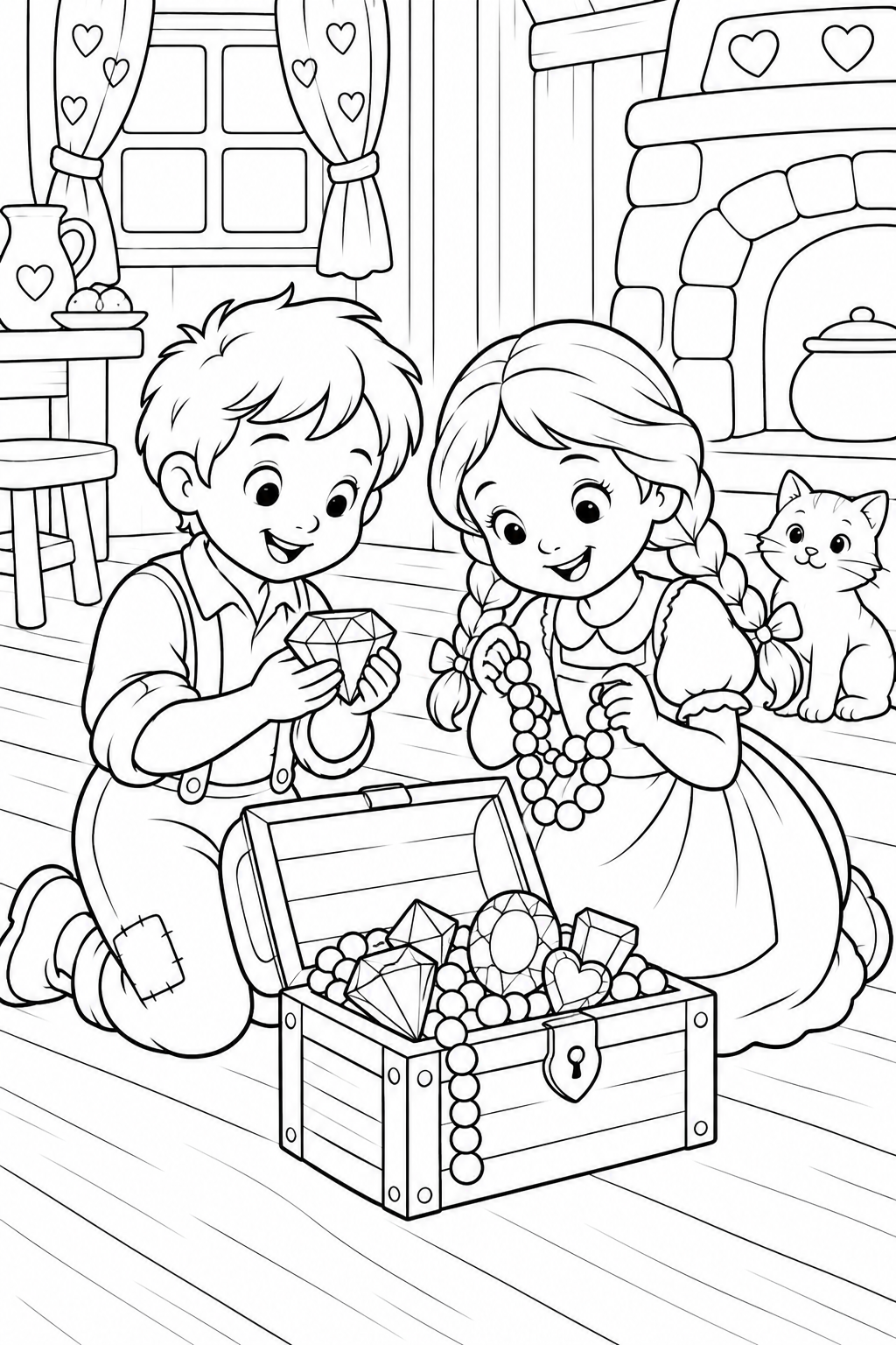 Hansel and Gretel:The siblings find a treasure chest(Cozy) coloring page
