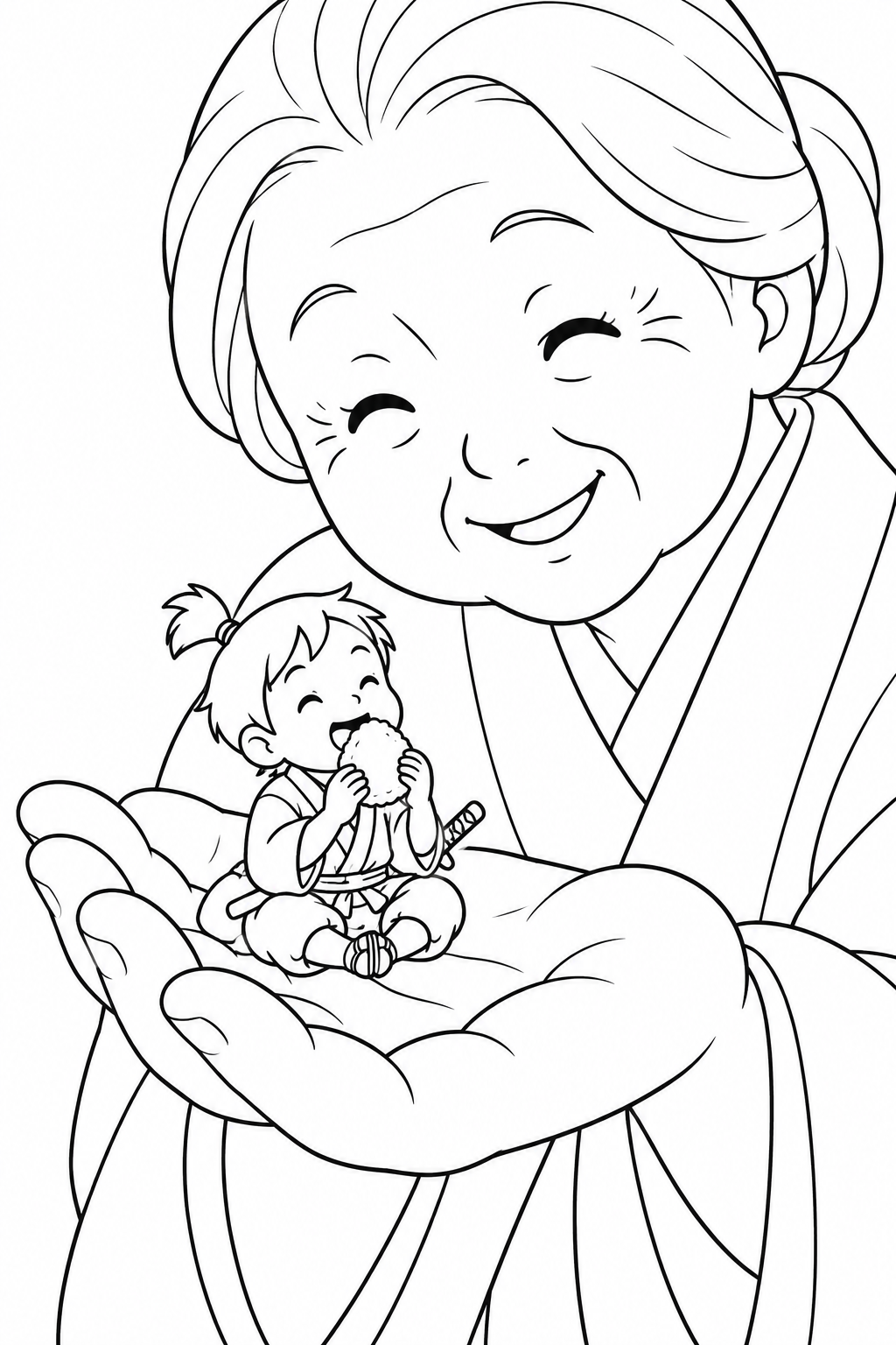 一寸法師・おばあさんの手のひらでおにぎりの塗り絵