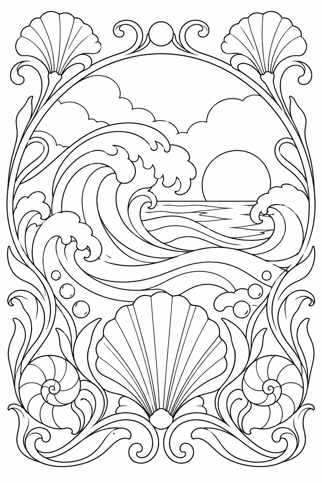 波と貝殻のアールヌーヴォー模様の塗り絵